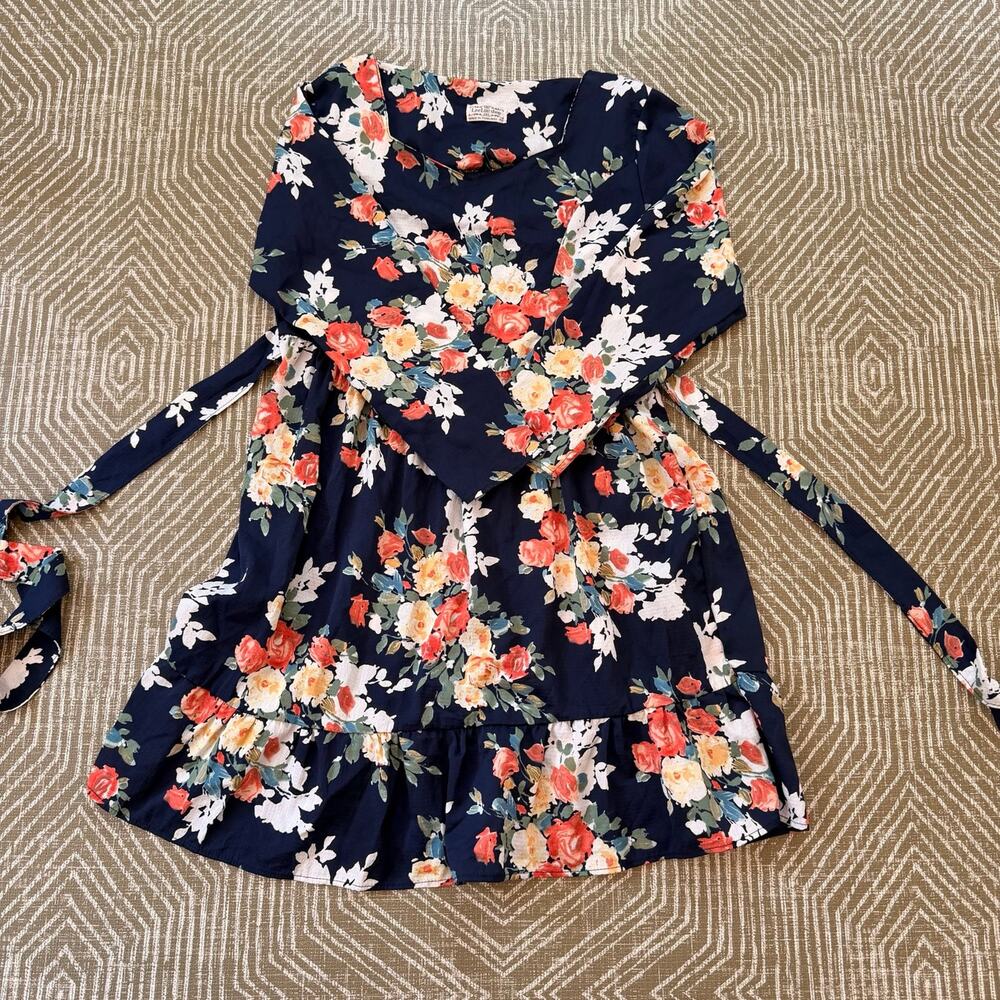 LeeLa Shop Floral Tie Waist Tunic Dress Size 40 Navy Rose Print Boho